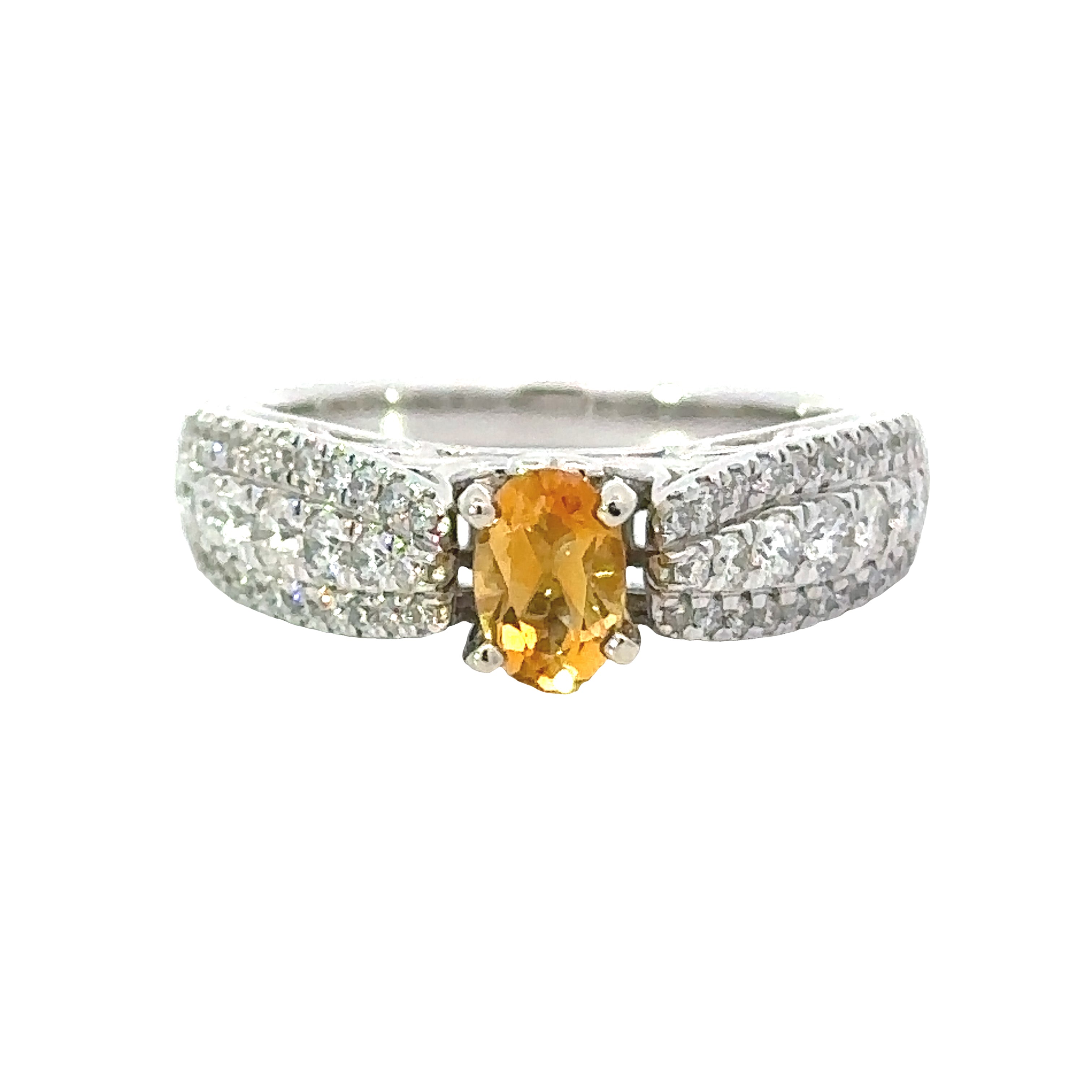  Ring, 1 Oval Citrine 0.41 ct, Round Diamond 0.63 cttw  G-H SI1-SI2, 14K White Gold 6.10g