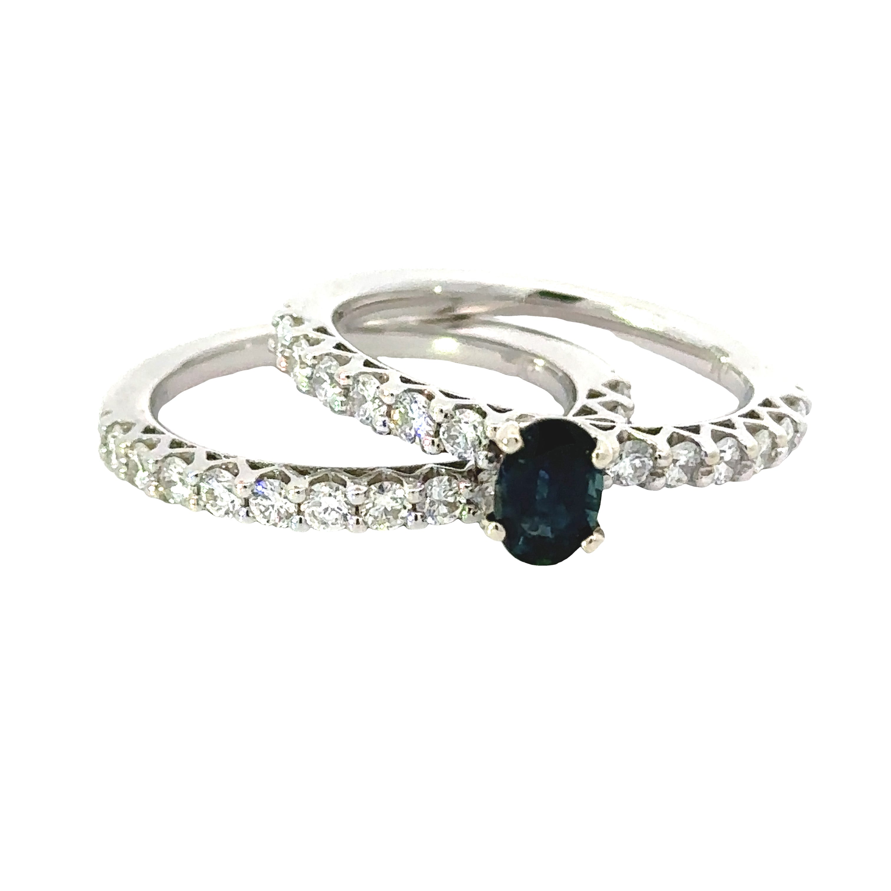 Maya Lianna Ring, 1 Oval Sapphire 0.59 ct, 26 Round Diamond 0.90 cttw G-H SI1-SI2, 14K White Gold 5.03g