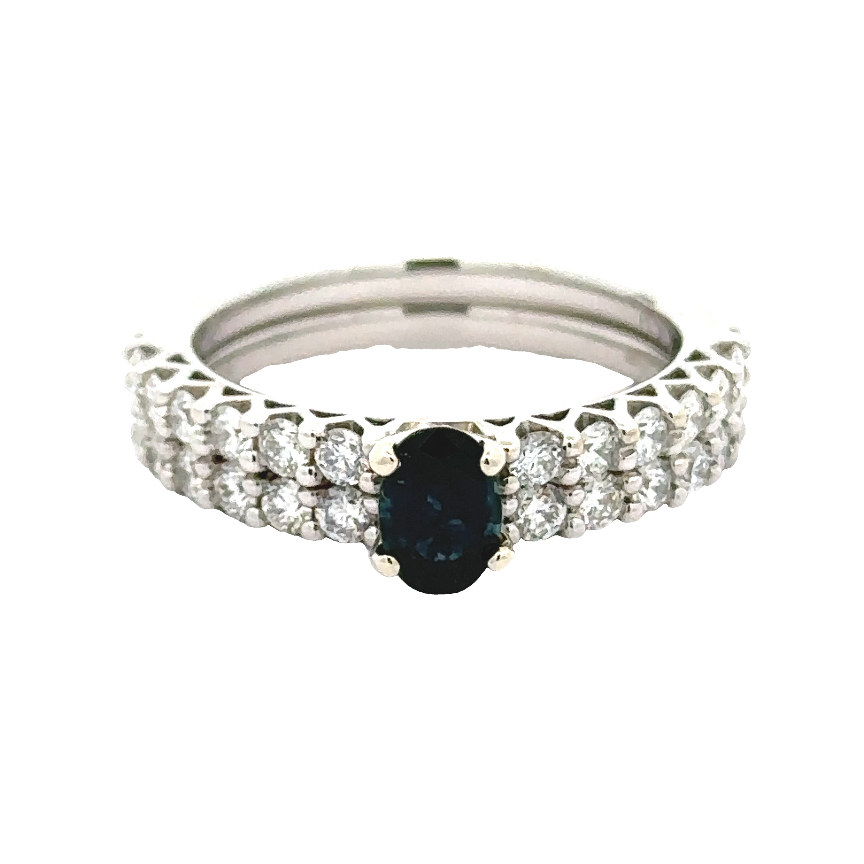Maya Lianna Ring, 1 Oval Sapphire 0.59 ct, 26 Round Diamond 0.90 cttw G-H SI1-SI2, 14K White Gold 5.03g