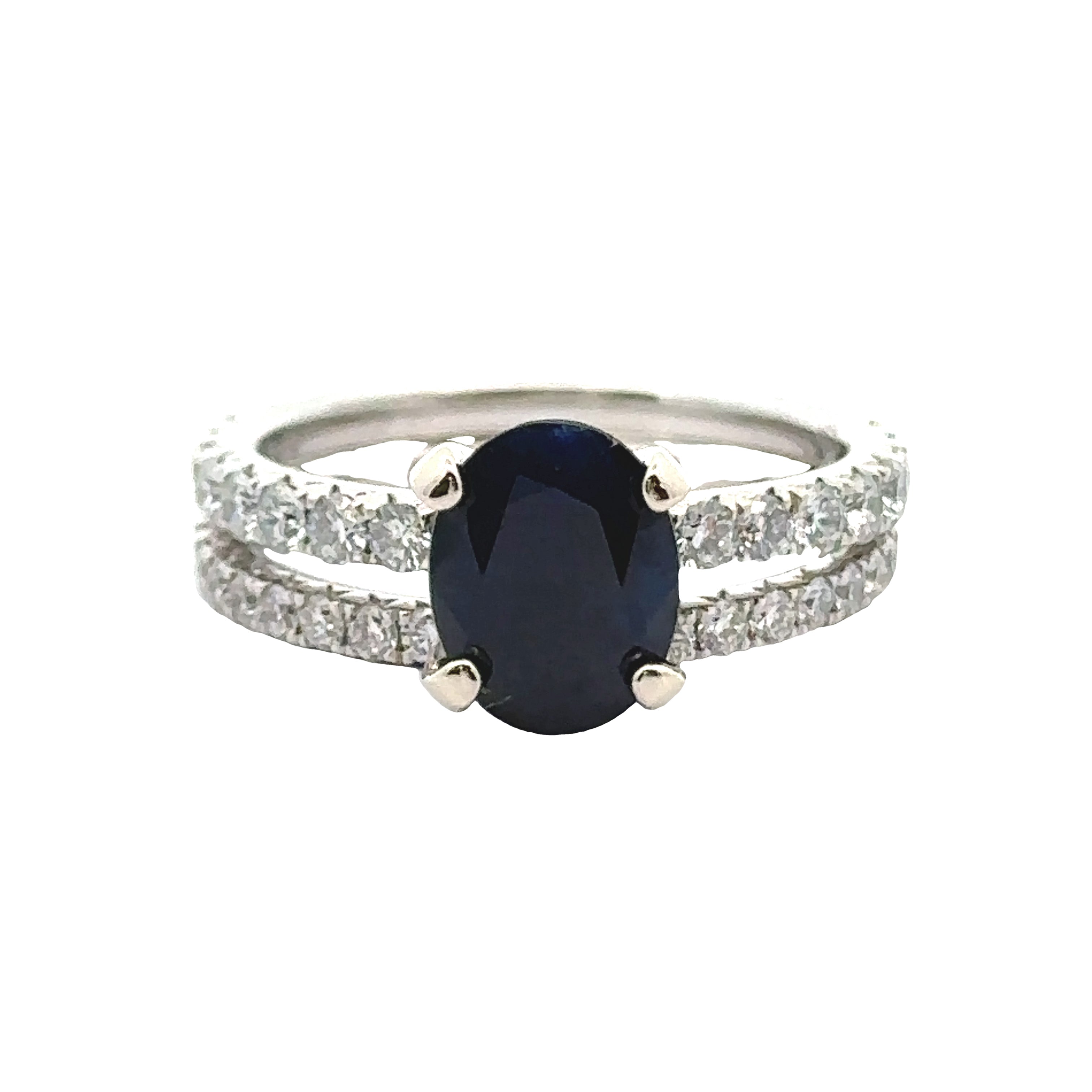 Maya Lianna Ring, 1 Oval Sapphire 1.97 ct, 38 Round Diamond 0.91 cttw  H-I SI1-SI2, 14K White Gold 4.19g