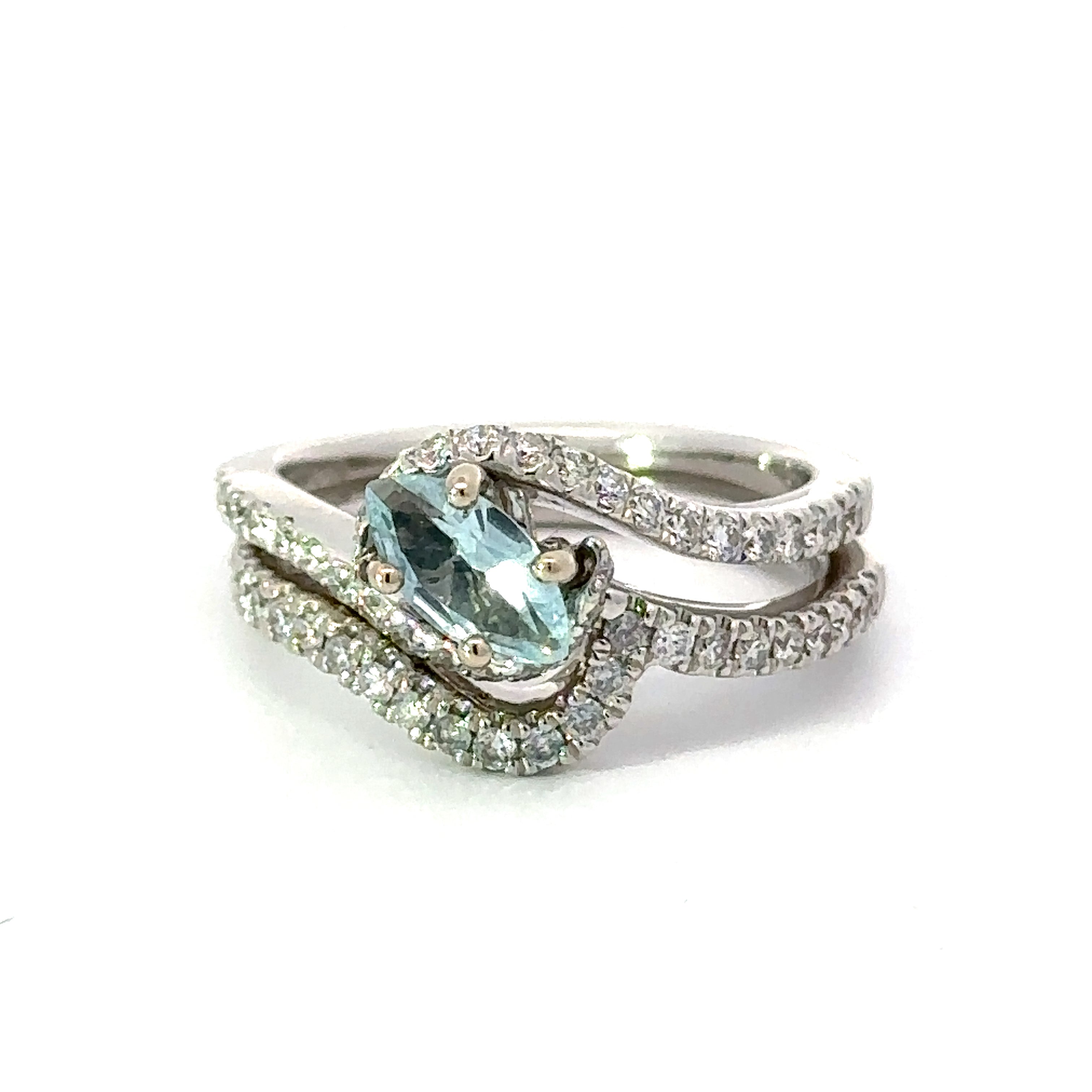 Leo Schachter Ring, 1 Marquise Cut Aquamarine 0.41 ct, Round Diamond 0.75 cttw G-H SI1-SI2, 14K White Gold 6.70g