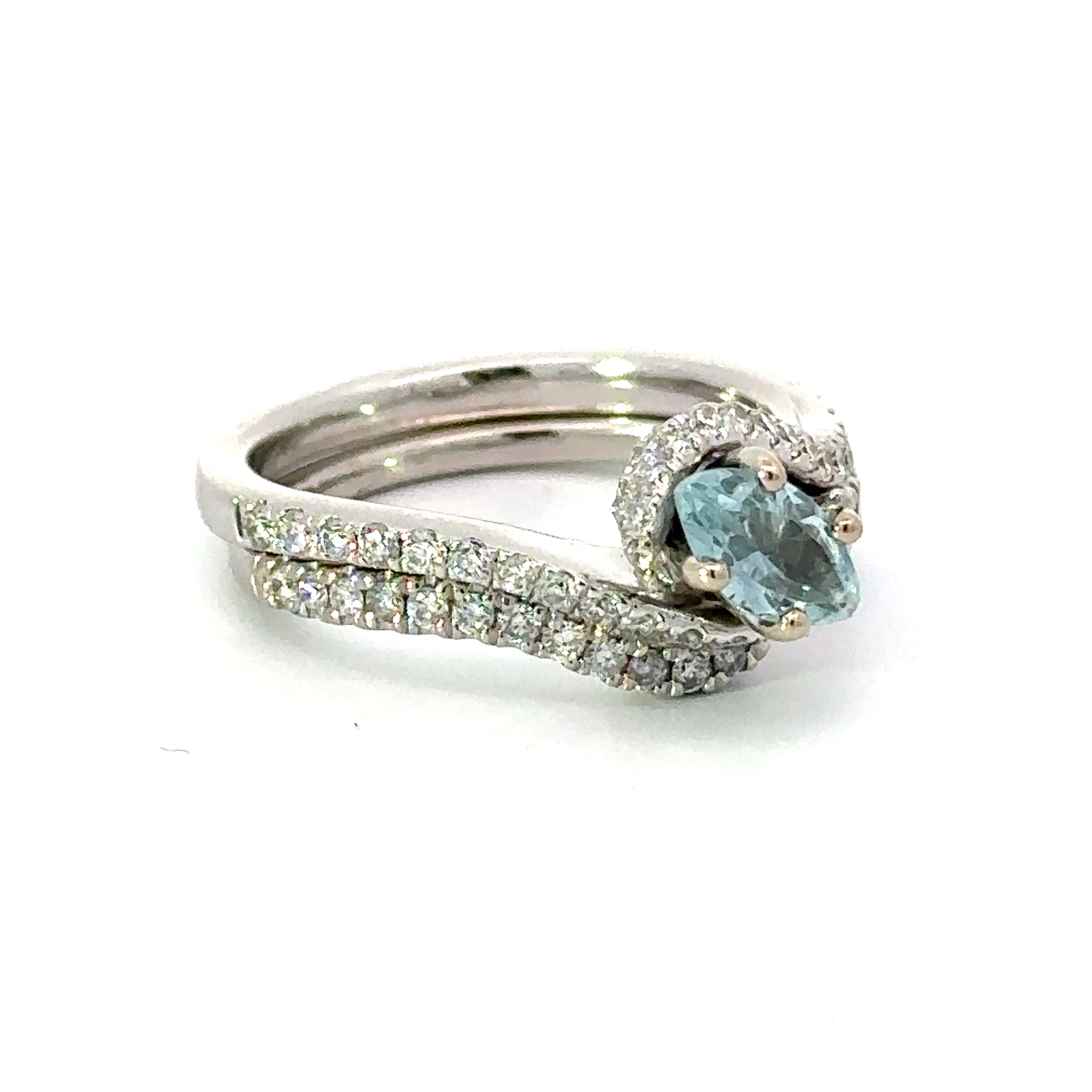 Leo Schachter Ring, 1 Marquise Cut Aquamarine 0.41 ct, Round Diamond 0.75 cttw G-H SI1-SI2, 14K White Gold 6.70g