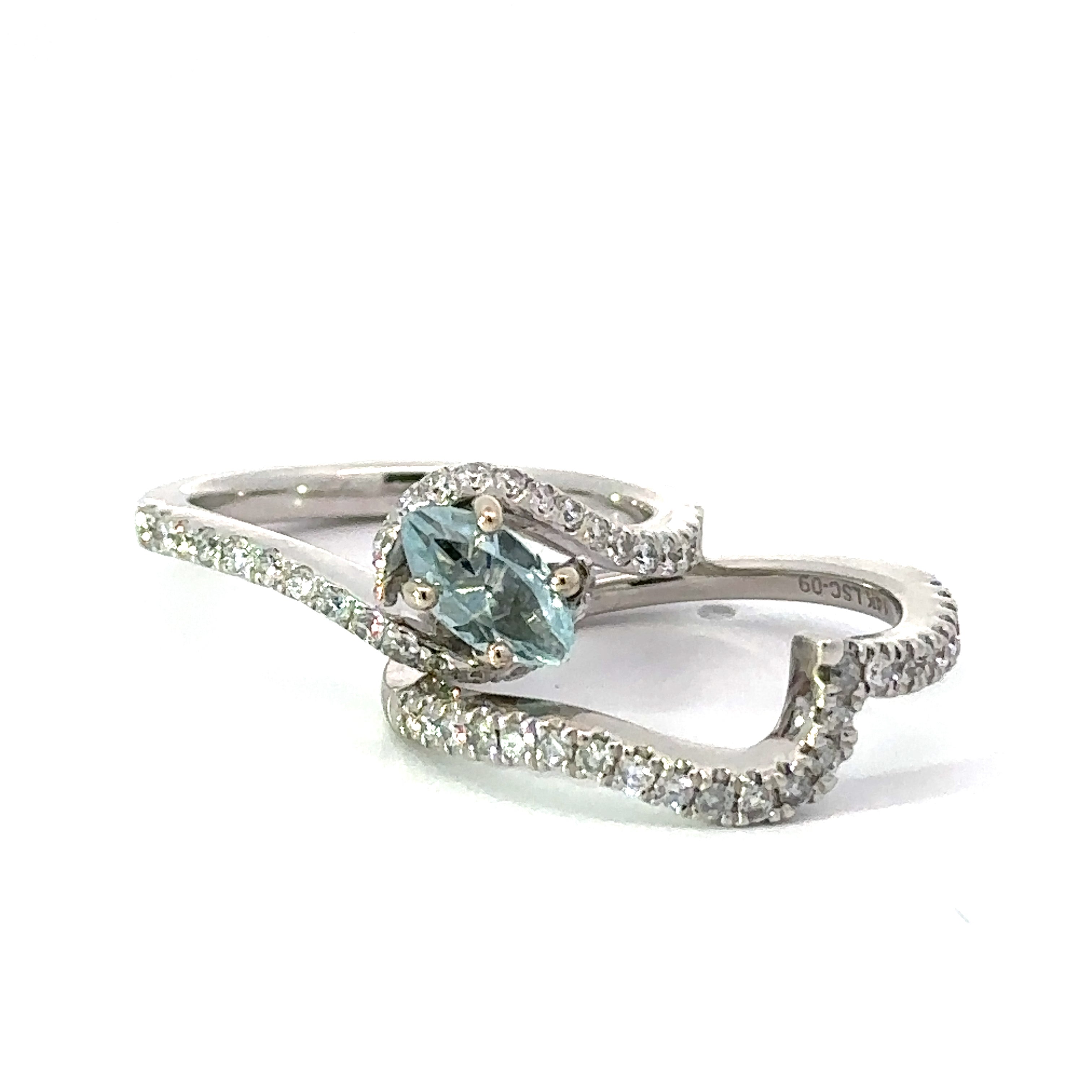 Leo Schachter Ring, 1 Marquise Cut Aquamarine 0.41 ct, Round Diamond 0.75 cttw G-H SI1-SI2, 14K White Gold 6.70g