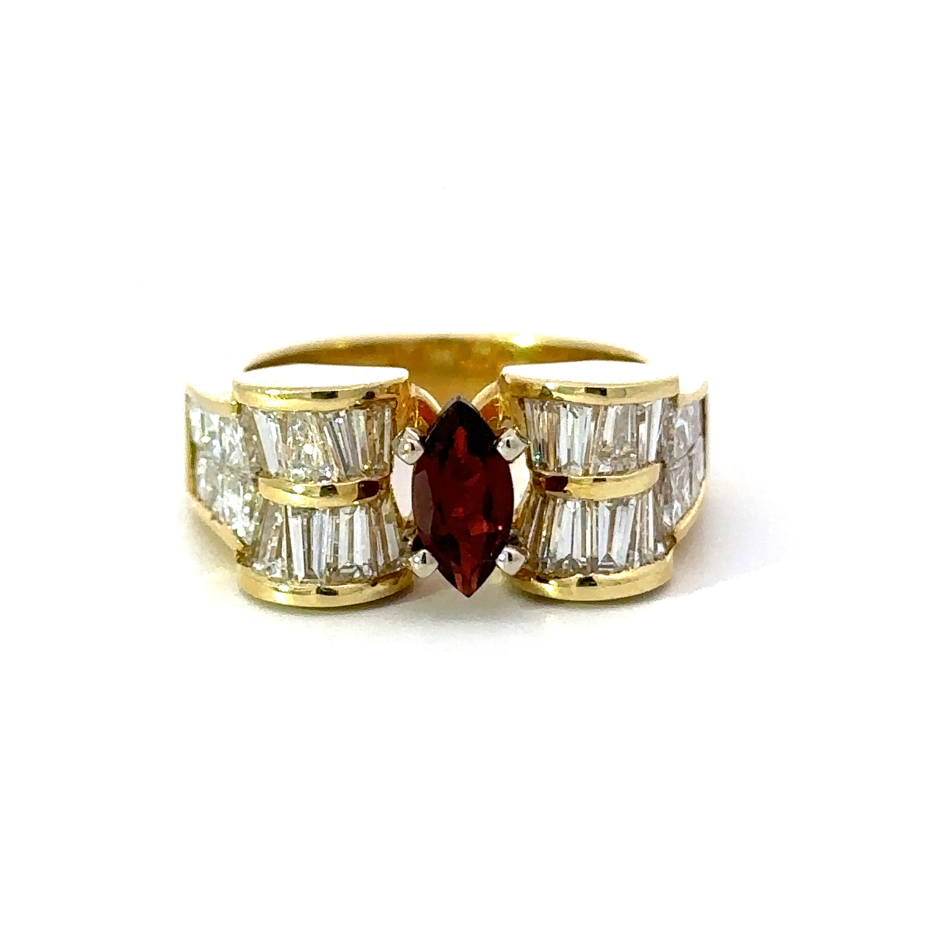 EMJ Ring, 1 Marquise Cut Garnet 0.70 ct, Mixed Cut Diamond 2.47 cttw  F-G VS1-SI1, 14K Yellow Gold 10.95g