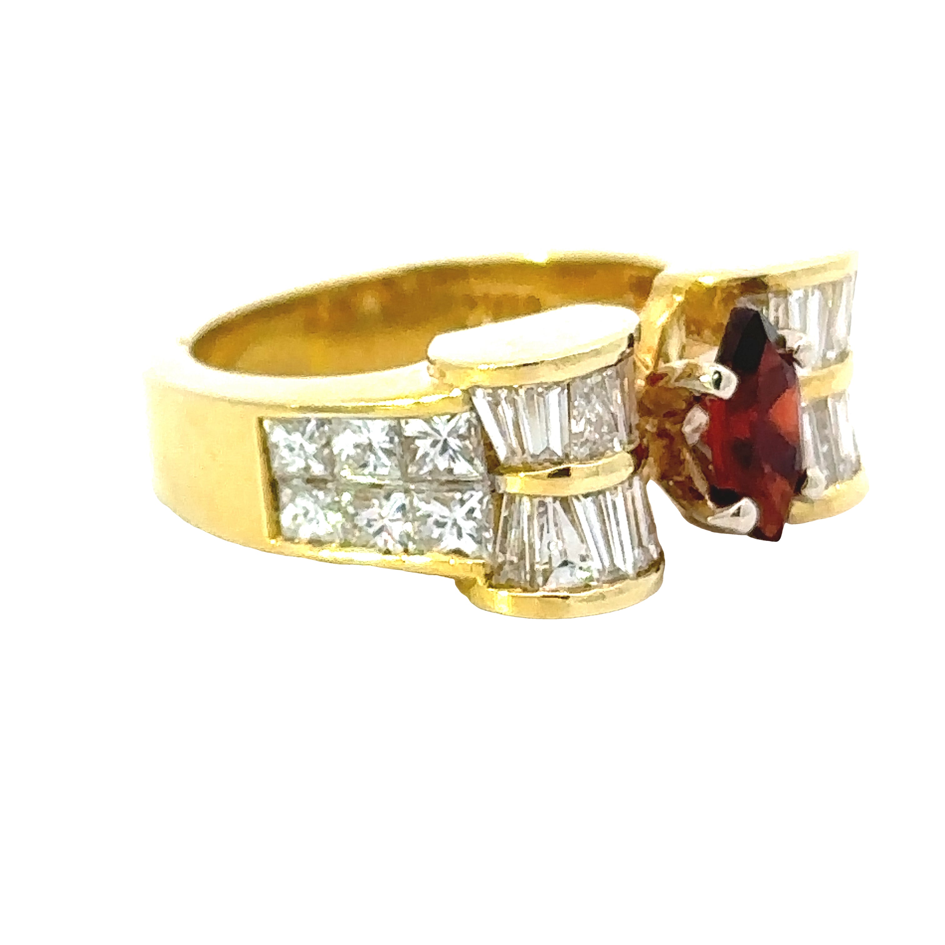 EMJ Ring, 1 Marquise Cut Garnet 0.70 ct, Mixed Cut Diamond 2.47 cttw  F-G VS1-SI1, 14K Yellow Gold 10.95g