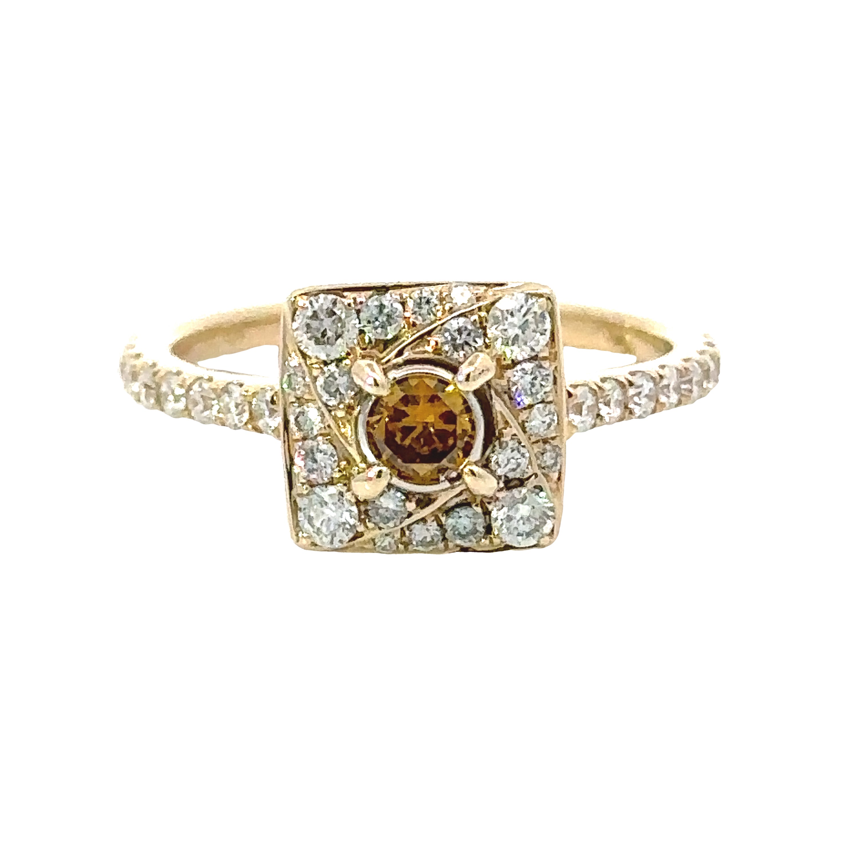 Leo Schachter Ring, 1 Round Natural Fancy Orange Diamond 0.26 ct VS2 SI1, Round Diamond 0.50 cttw I  I1, 14K White/Yellow Gold 3.69g