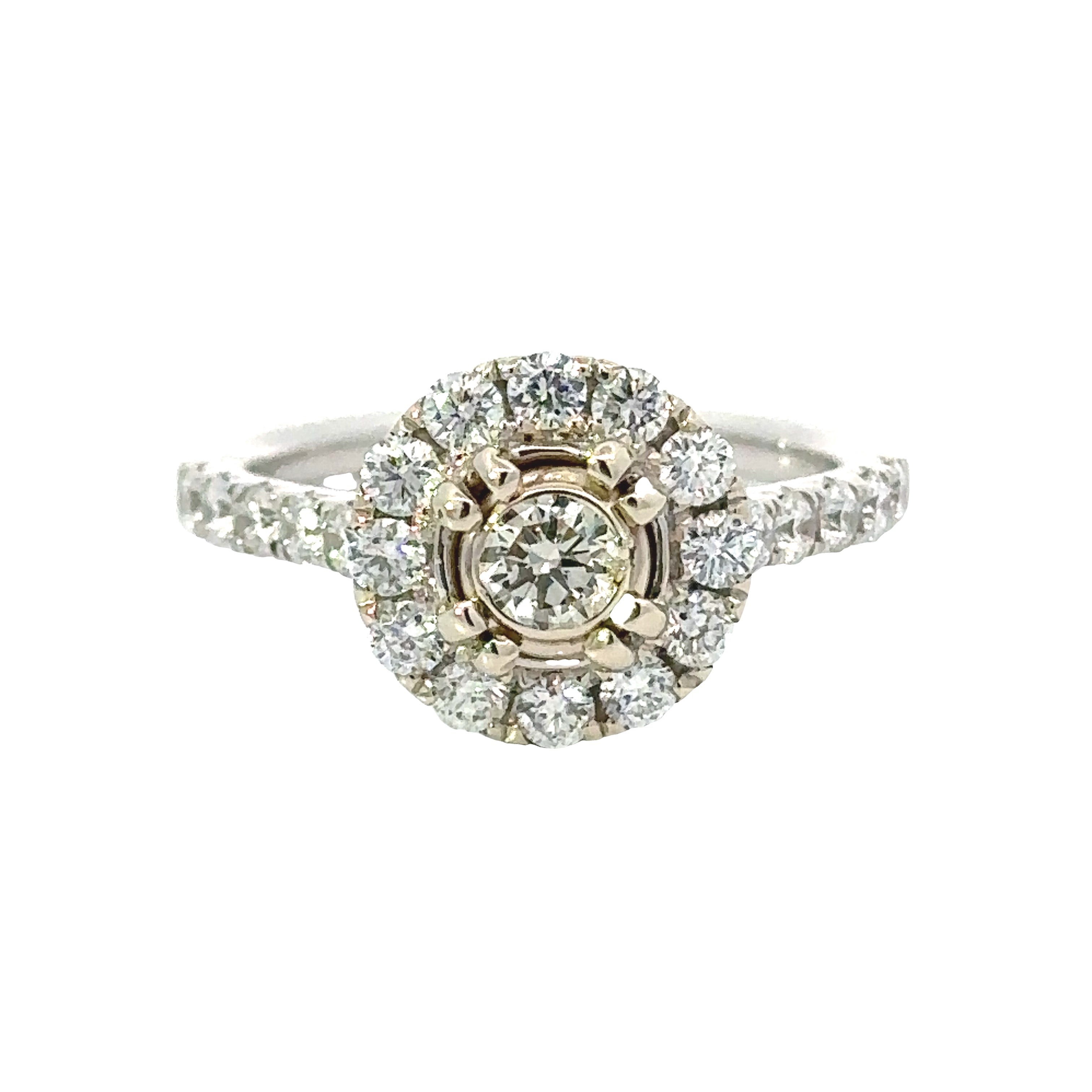Maya Lianna Halo Ring,  1 Round Diamond 0.27 ct G-H SI1-SI2, 22 Round Diamond 0.80cttw G-H SI1-SI2, 14K White Gold 3.85g