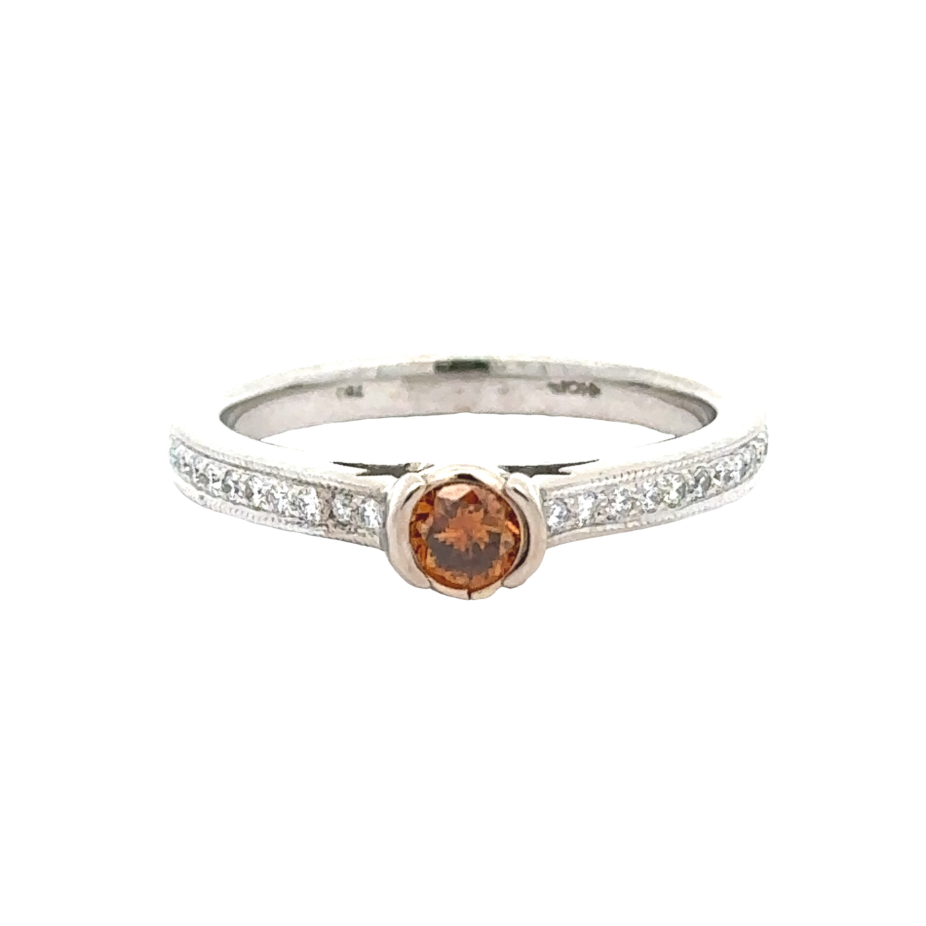 Hearts on Fire Ring, 1 Round Natural Fancy Orange Diamond 0.27 ct VS2-SI1, Round Diamond 0.20ct  G-H VS1-SI1, 14K White Gold 3.84g