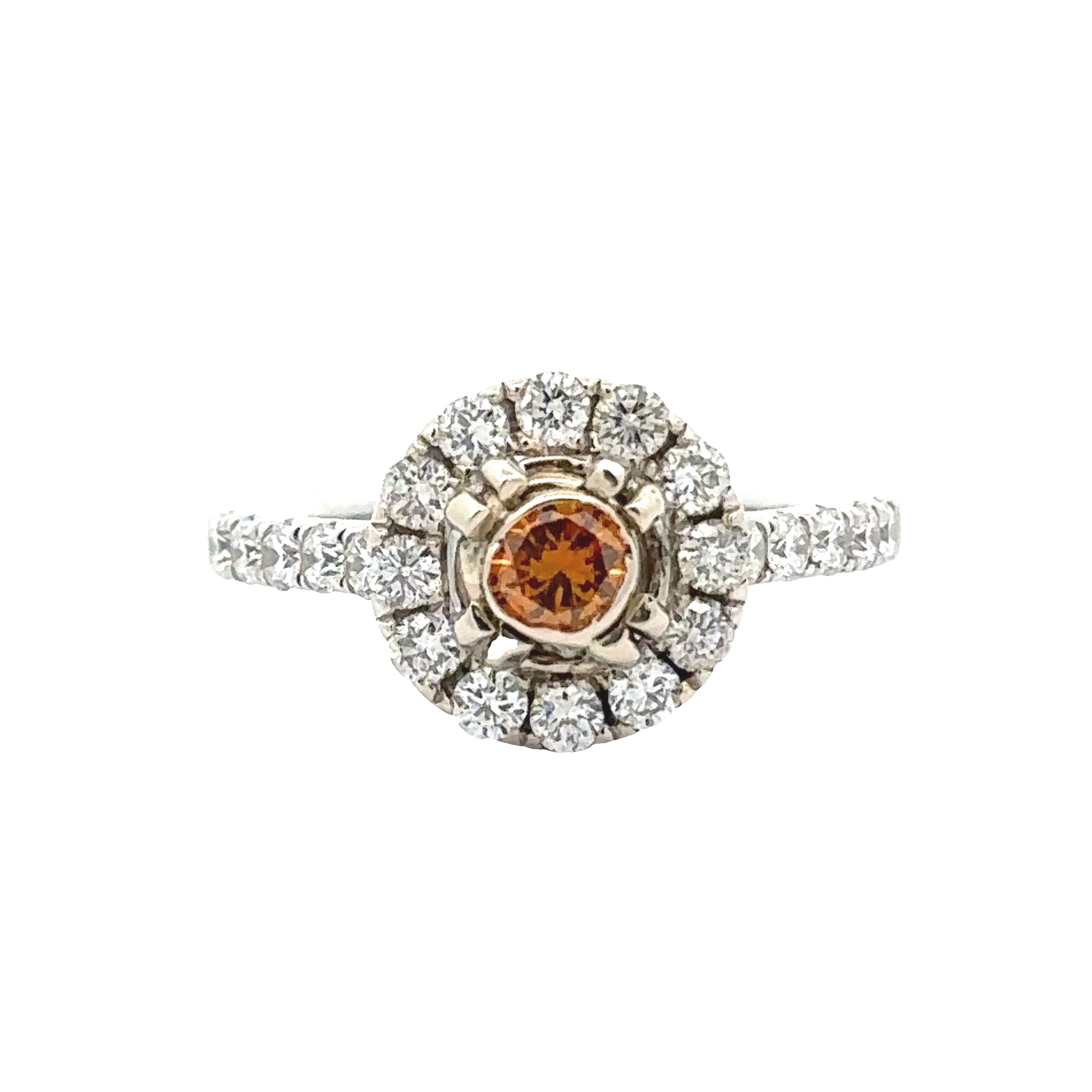 Maya Lianna Ring, 1 Round Natural Fancy Orange Diamond 0.25 ct VS2-SI1,  22 Round Diamond 0.80 cttw G-H SI1-SI2, 14K White Gold 3.85g