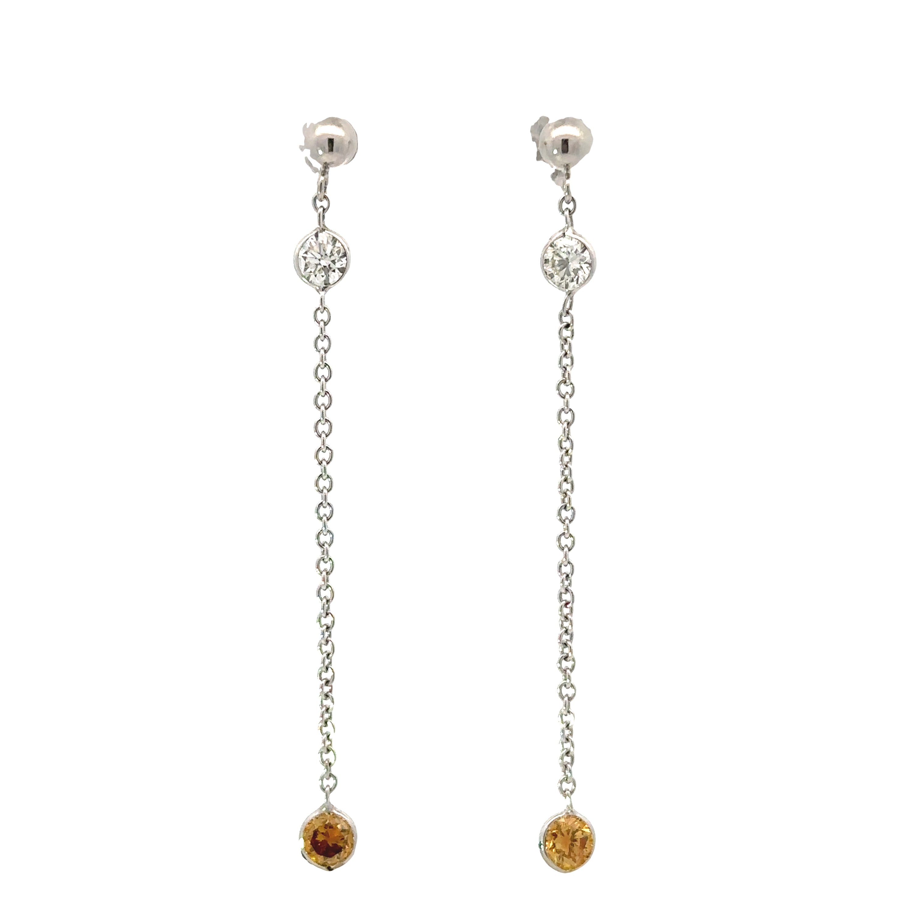 Maya Lianna Earrings, 2 Round Diamond 0.56 cttw G-H SI1-SI2,  2 Round Natural Fancy Orange Diamond 0.56 cttw VS2-SI1, 14K White Gold 1.15g