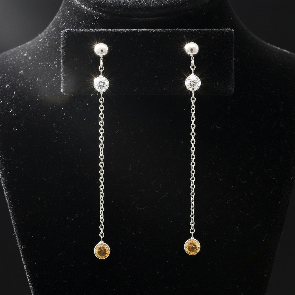 Maya Lianna Earrings, 2 Round Diamond 0.56 cttw G-H SI1-SI2,  2 Round Natural Fancy Orange Diamond 0.56 cttw VS2-SI1, 14K White Gold 1.15g