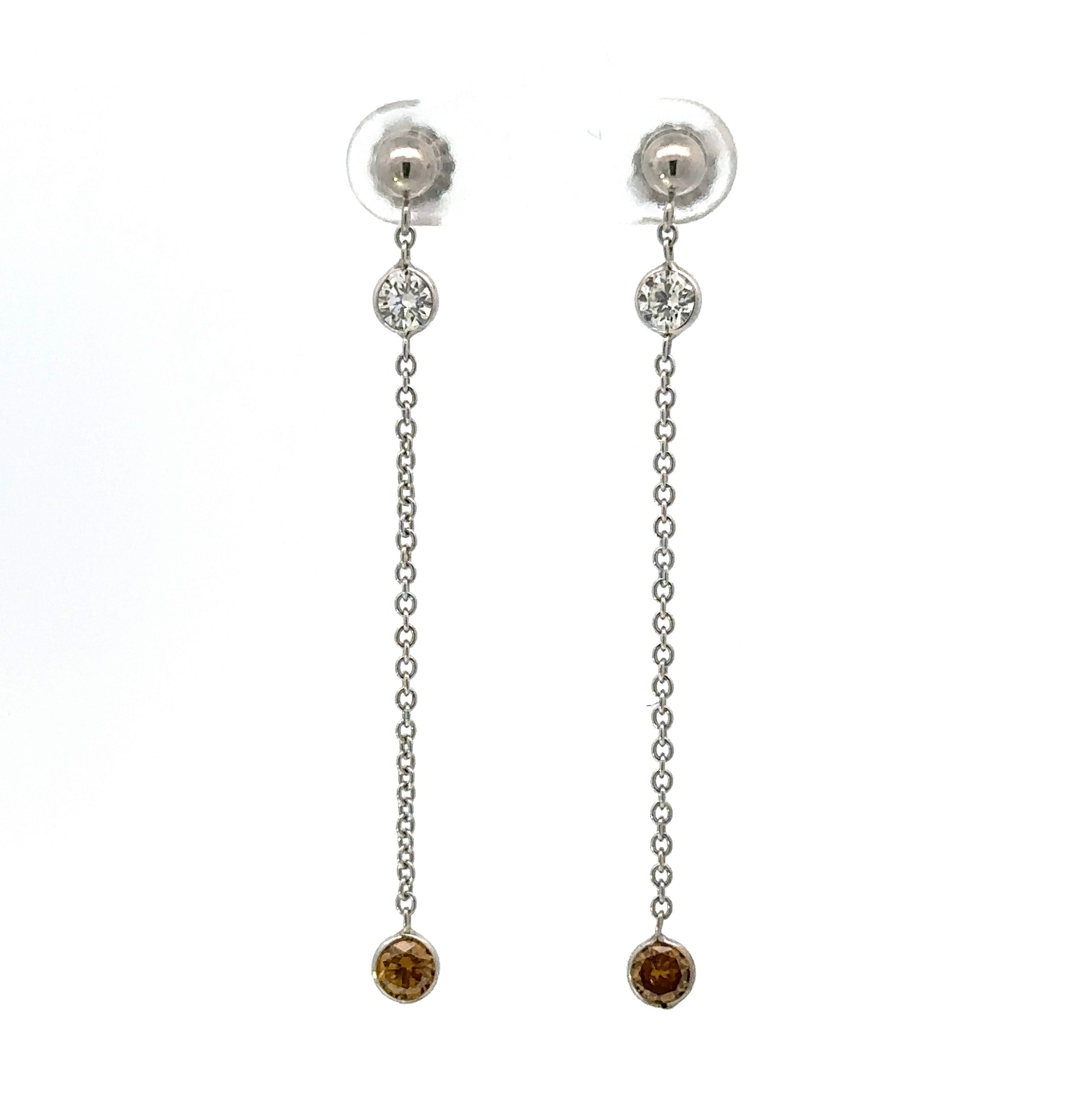 Maya Lianna Earrings, 2 Round Diamond 0.56 cttw G-H SI1-SI2,  2 Round Natural Fancy Orange Diamond 0.56 cttw VS2-SI1, 14K White Gold 1.11g