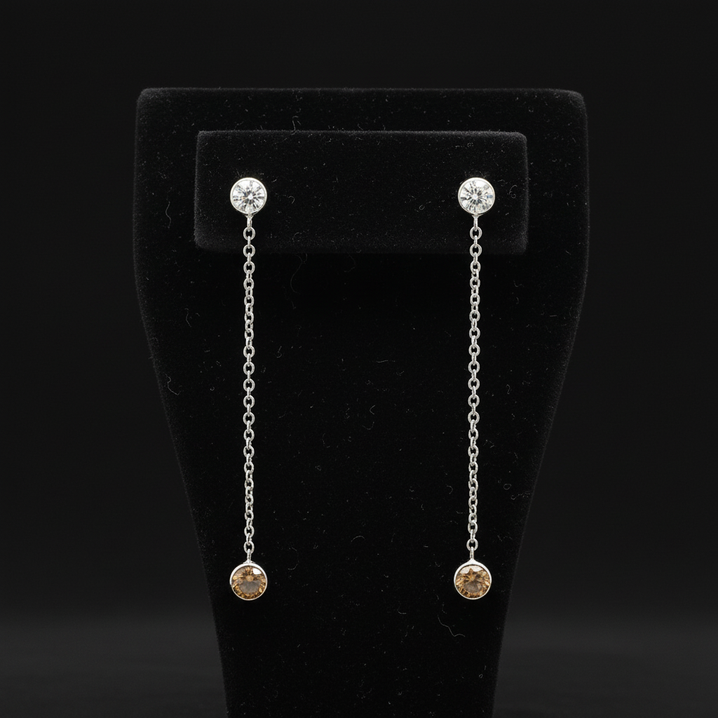 Maya Lianna Earrings, 2 Round Diamond 0.56 cttw G-H SI1-SI2,  2 Round Natural Fancy Orange Diamond 0.56 cttw VS2-SI1, 14K White Gold 1.11g