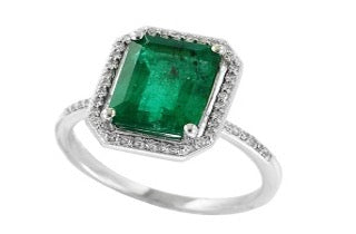 Effy Halo Ring, 1 Emerald Emerald Cut 2.95ct, 50 Diamond Round 0.16cttw  H1 SI1 SI2,18k White Gold 3.93g