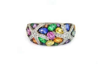 Effy Cluster Ring, 16 Sapphire Mixed Cut Multi Color and Yellow Tsavorite 3.45cttw , 43 Diamond Round 0.22cttw  H1 SI1 SI2 14K Rose Gold