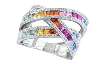 Effy Ring, 36 Multi Color Princess Cut Sapphire 2.39cttw, 152 Diamond Round 0.45cttw  H1 SI1 SI2, 14K White Gold. Size 6.