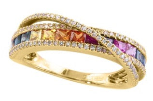 Effy Ring, 14 Multi Color Square Sapphire 1.25cttw, 114 Round Diamond  0.34cttw  H I SI1 SI2, 14K Yellow Gold