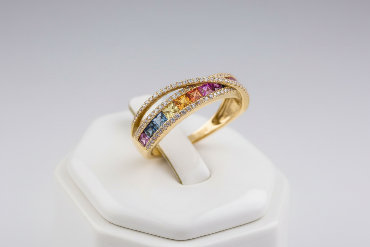 Effy Ring, 14 Multi Color Square Sapphire 1.25cttw, 114 Round Diamond  0.34cttw  H I SI1 SI2, 14K Yellow Gold