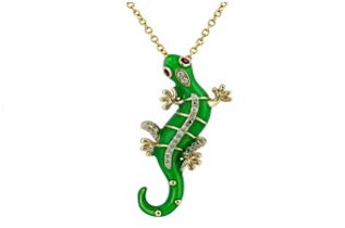 Effy Pendant w/Chain, 28 Round Diamond 0.10cttw  H I SI1 SI2, 2 Ruby Round 0.03cttw, Green Enamel,  14K Yellow Gold