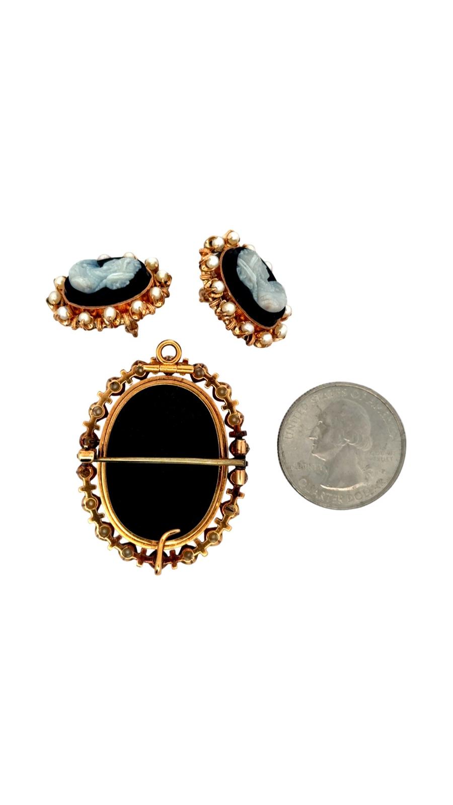 Estate Brooch/Earring, Earrings: 24 White Cultured Pearls, 2 Cameo, Brooch: 18 White Cultured Pearls, 1 Cameo 18K Yellow Gold 28.99g