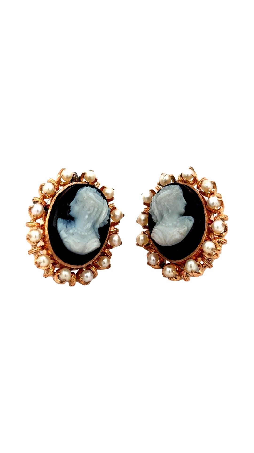 Estate Brooch/Earring, Earrings: 24 White Cultured Pearls, 2 Cameo, Brooch: 18 White Cultured Pearls, 1 Cameo 18K Yellow Gold 28.99g