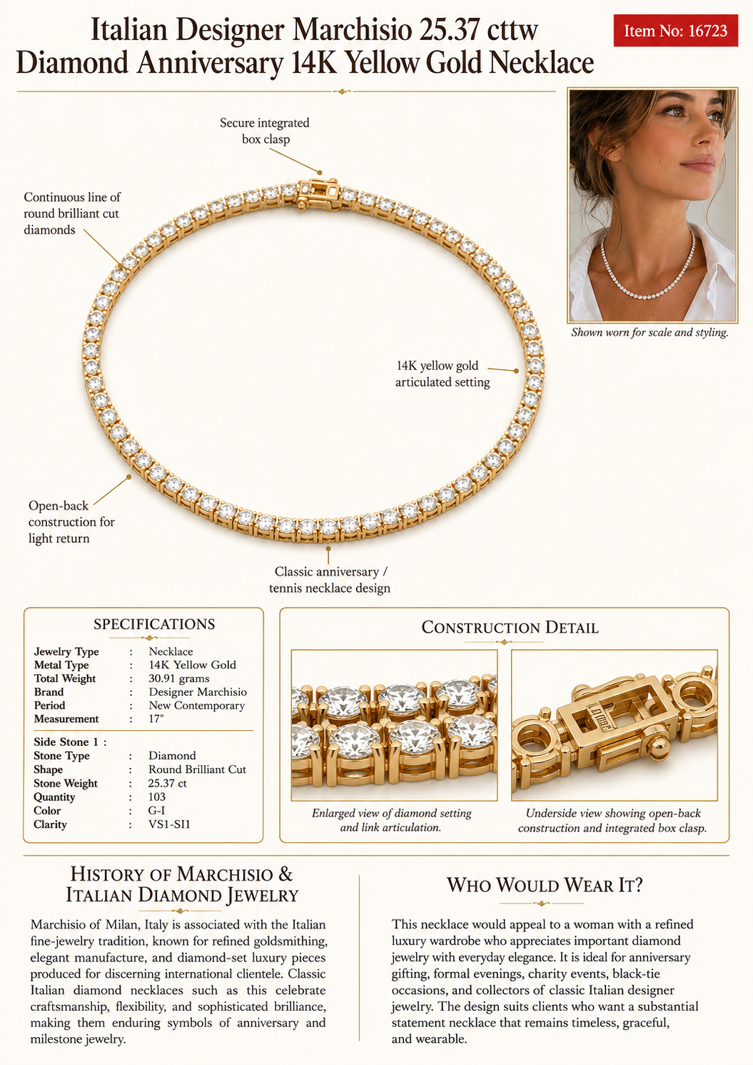 Designer Marchisio Ech Necklace 103 Round Brilliant Cut Diamond 25.37 cttw  G-I VS1-SI1 14K Yellow Gold 30.91g. All weights estimated.