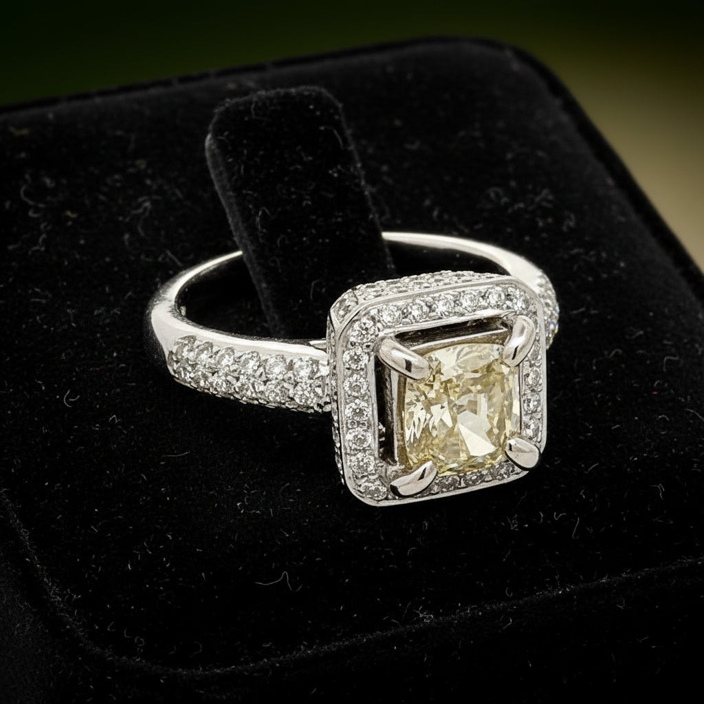 Estate Ring, 1 Cushion Modified Diamond 1.06ct  GIA #1182579916 Fancy Brownish Greenish Yellow I1 (clarity not on cert), 132 Round Diamond 0.80ct G-H SI1-SI2, 18K White Gold 7.22g (Original Cert(