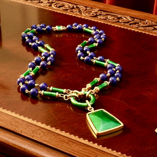 David Webb Necklace, Lapis Round 1145.55cttw, Enamel Green, 18K Yellow Gold. Signed GS437, All Weights Estimated