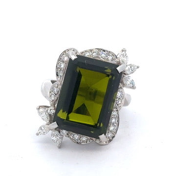 Estate Ring, Round Brilliant Cut Diamond 0.82 ct  G-H VS2-SI1,1 Tourmaline Emerald Cut 16.36 ct  Platinum 19.27g