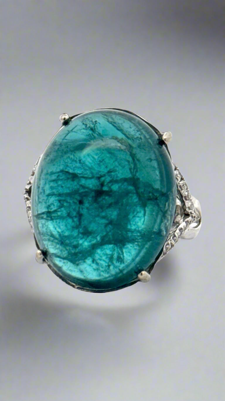 Estate Ring, Round Brilliant Cut Diamond 0.21 ct  H-I SI1,1 Tourmaline Cabochon 29.59 ct  18K White Gold 11.61g