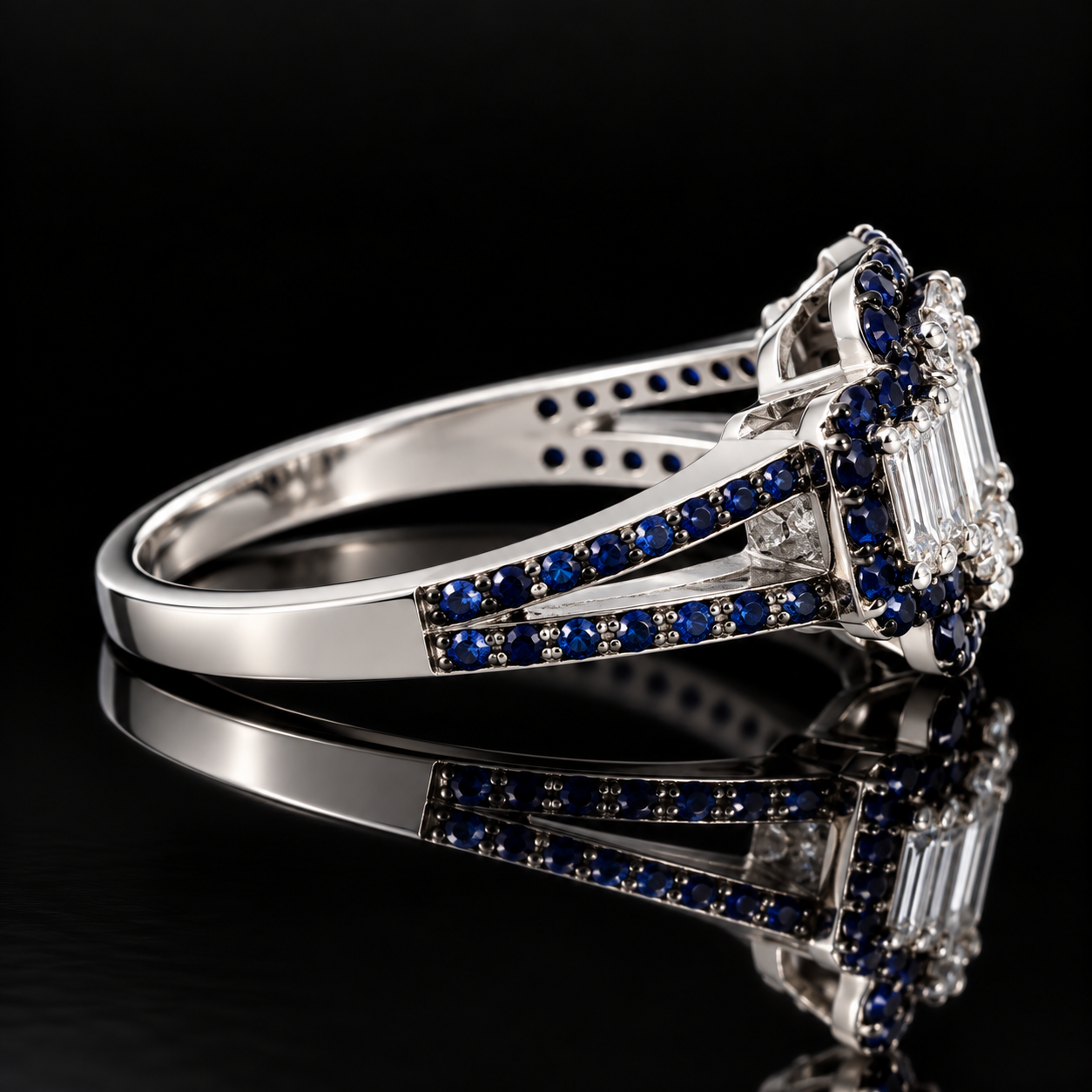 Estate Ring, 14 Mixed Cut Diamond 0.50 cttw  G-H VS1-SI1,64 Sapphire Round 0.82 cttw  18K White Gold 4.00g. All Weights Estimated.