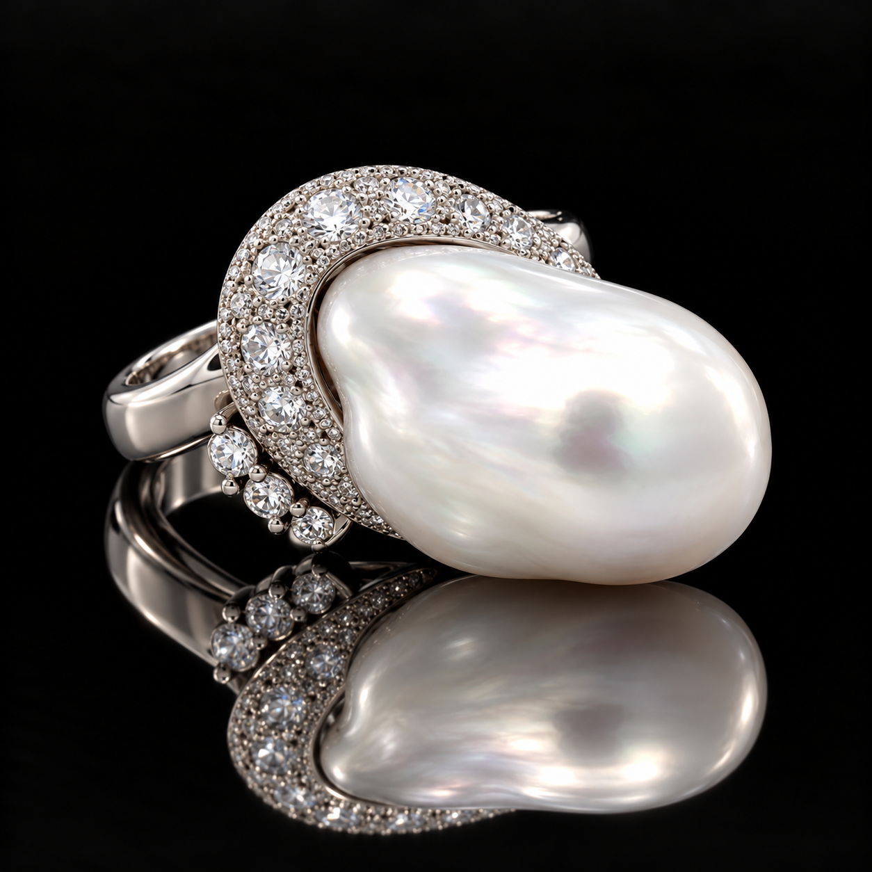 Estate Ring, 14 Round Diamond 0.41 cttw  G-H VS1-SI1,1 South Sea Pearl WHITE Platinum 12.04g. All Weights Estimated.