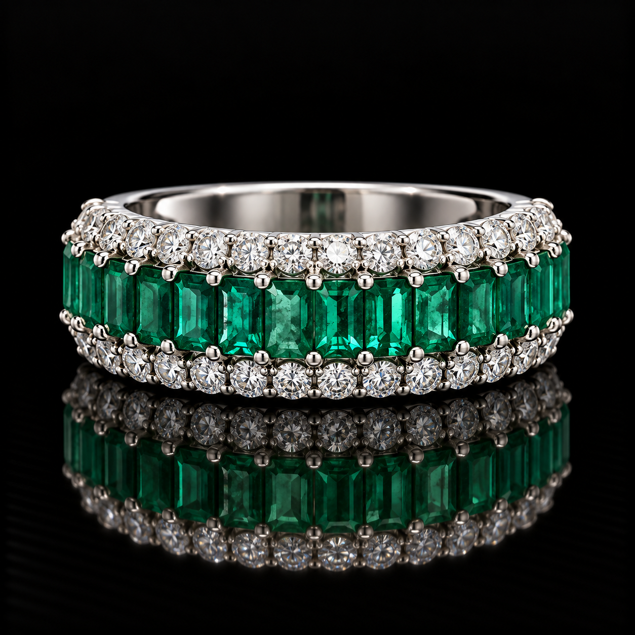 Estate Ring, 34 Round Brilliant Cut Diamond 0.60 cttw  G-H VS1-SI1,17 Emerald Emerald Cut 1.00 cttw  18K White Gold 5.25g. All Weights Estimated.