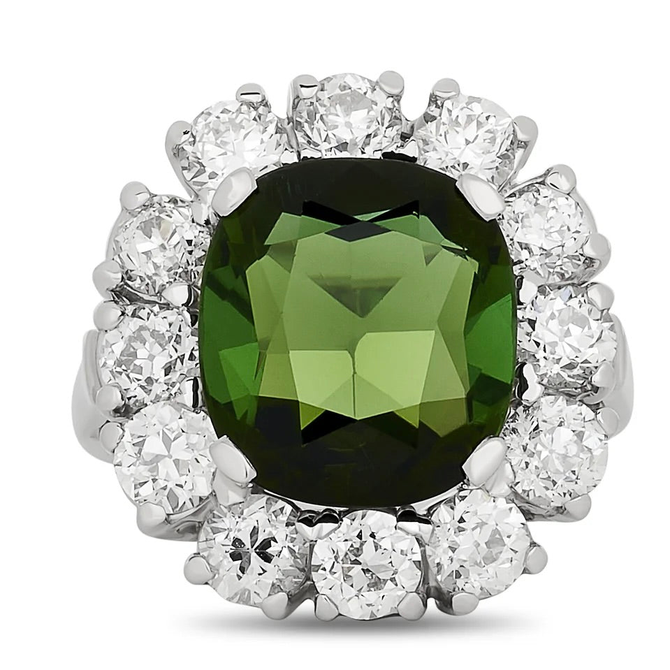 Estate Ring, 12 Old European Cut Diamonds 2.00cttw H-I VS1-VS2, 1 Tourmaline Cushion Modified 5.65cttw, Platinum 11.50g. All Weights Estimated.