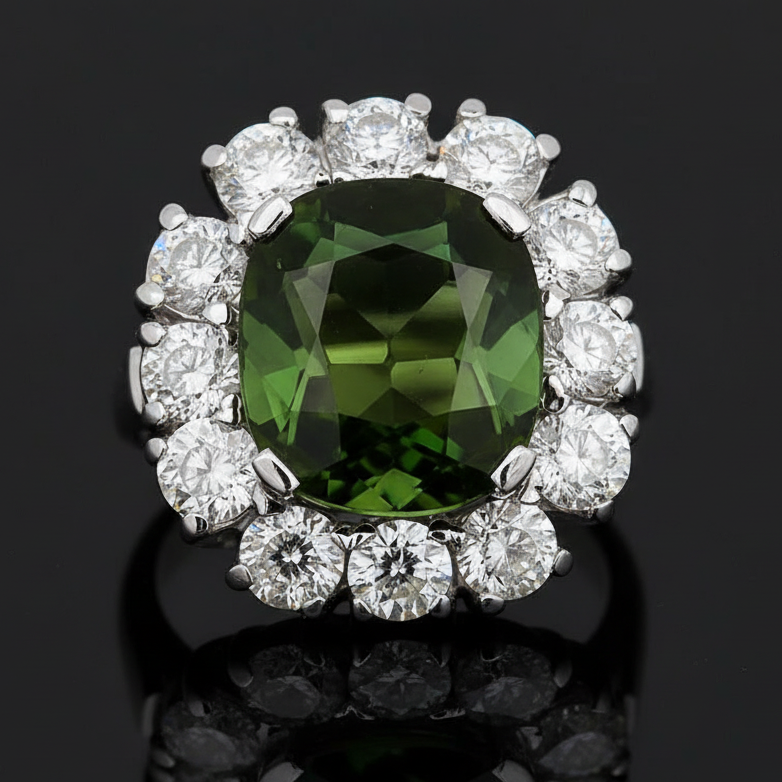 Estate Ring, 12 Old European Cut Diamonds 2.00cttw H-I VS1-VS2, 1 Tourmaline Cushion Modified 5.65cttw, Platinum 11.50g. All Weights Estimated.
