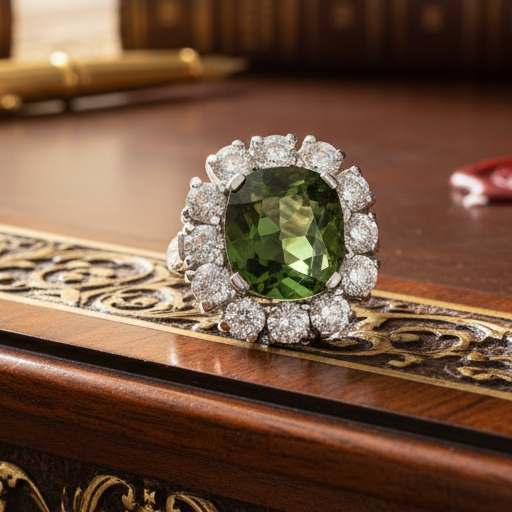 Estate Ring, 12 Old European Cut Diamonds 2.00cttw H-I VS1-VS2, 1 Tourmaline Cushion Modified 5.65cttw, Platinum 11.50g. All Weights Estimated.