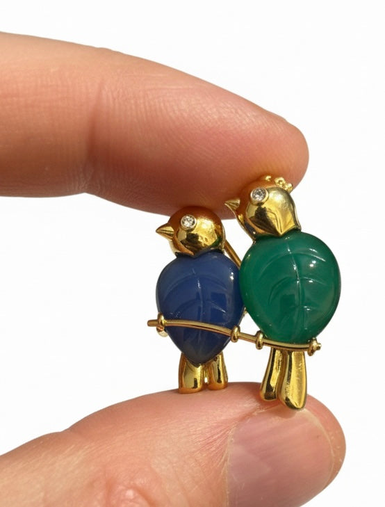 Cartier Paris Brooch/Pendant, 2 Round Brilliant Cut Diamonds 0.03cttw G-H VS1-VS2, Serial # B2934, 1 Chalcedony Carved Green, 1 Chalcedony Carved Blue, 18K Yellow Gold 10.30g, All Weights Estimated.