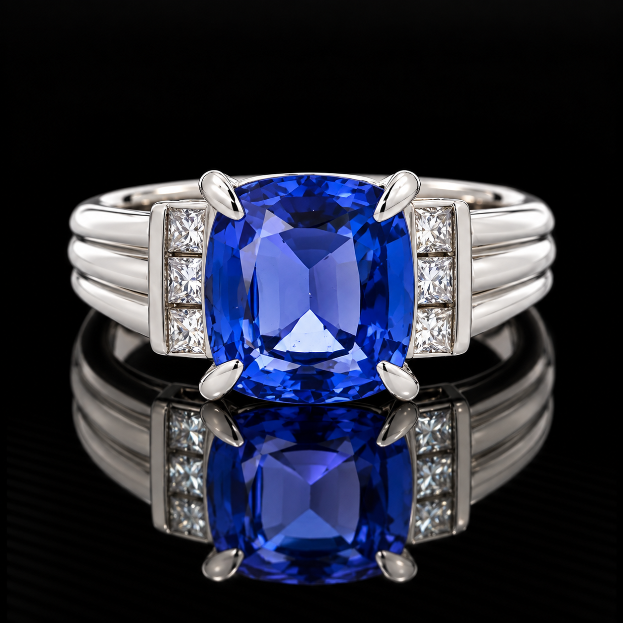 Estate Ring, 6 Princess Cut Diamond 0.28 cttw  G-H VS1-SI1,1 Tanzanite Cushion Modified 3.18 ct  Platinum 6.66g. All Weights Estimated.