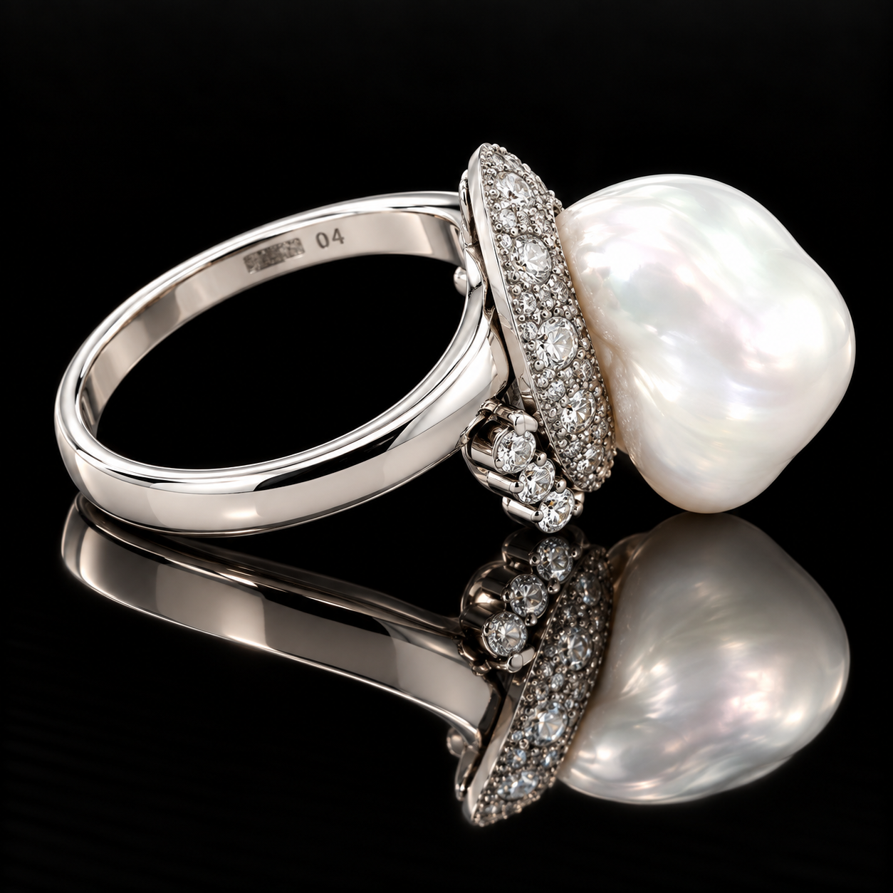 Estate Ring, 14 Round Diamond 0.41 cttw  G-H VS1-SI1,1 South Sea Pearl WHITE Platinum 12.04g. All Weights Estimated.
