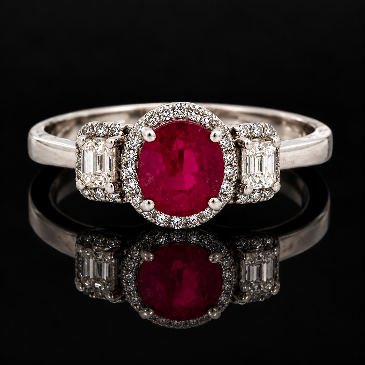 Estate Ring, Round/Baguette Cut Diamond 0.35 cttw  G-H SI1-SI1,1 Ruby Oval 1.05 ct  18K White Gold 3.46g. All Weights Estimated.