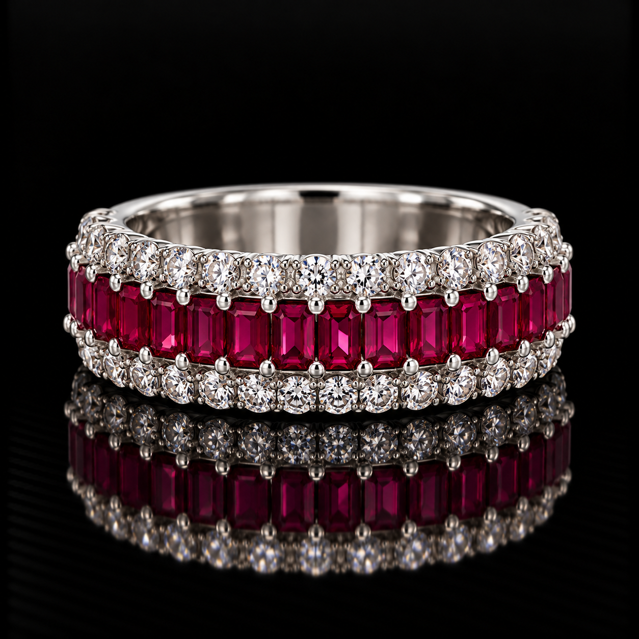 Estate Ring, 34 Round Diamond 0.66 cttw  G-H SI1-SI1, Ruby 1.12 cttw  14K White Gold 5.21g. All Weights Estimated.