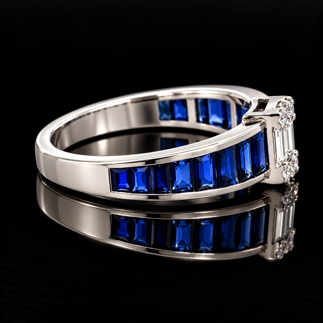 Estate Ring, Round/Baguette Cut Diamond 0.26 cttw  G-H VS1-SI1, Sapphire French Cut 1.55 cttw  18K White Gold 2.90g. All Weights Estimated.