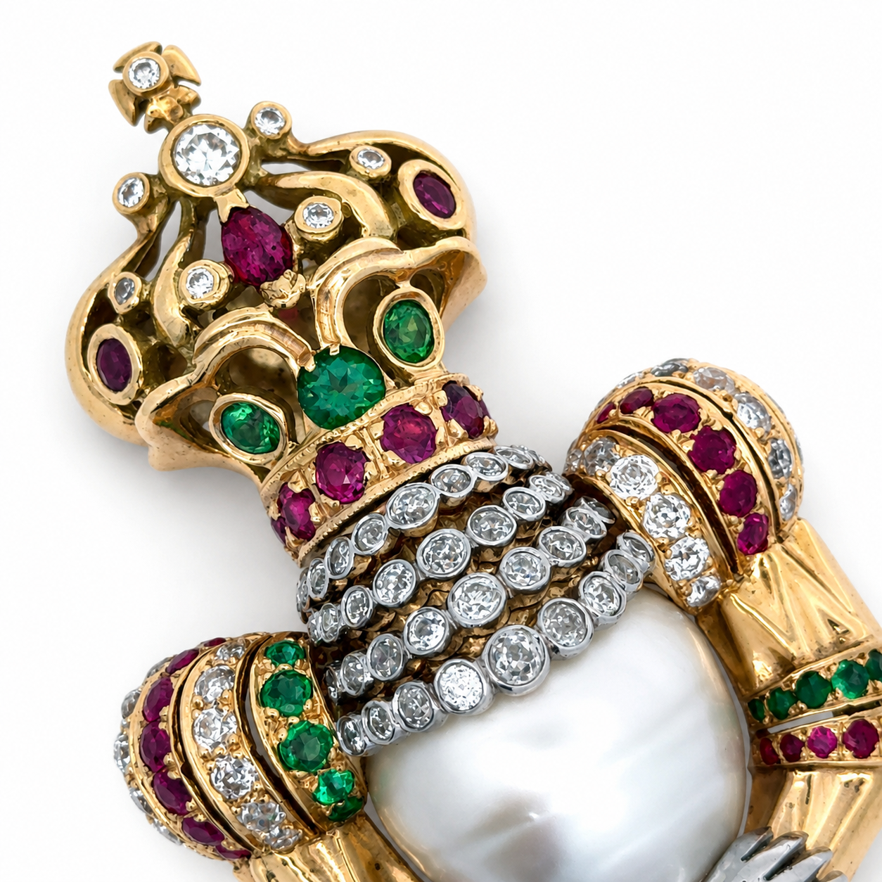  Brooch/Pendant, Old European Cut Diamond 5.50 cttw , Emerald Round 2.00 cttw , Burma Ruby Round, Marquise Cut 3.00 cttw, 2 South Sea Pearl White 18K White/Yellow Gold 57.60g. All Weights Estimated.