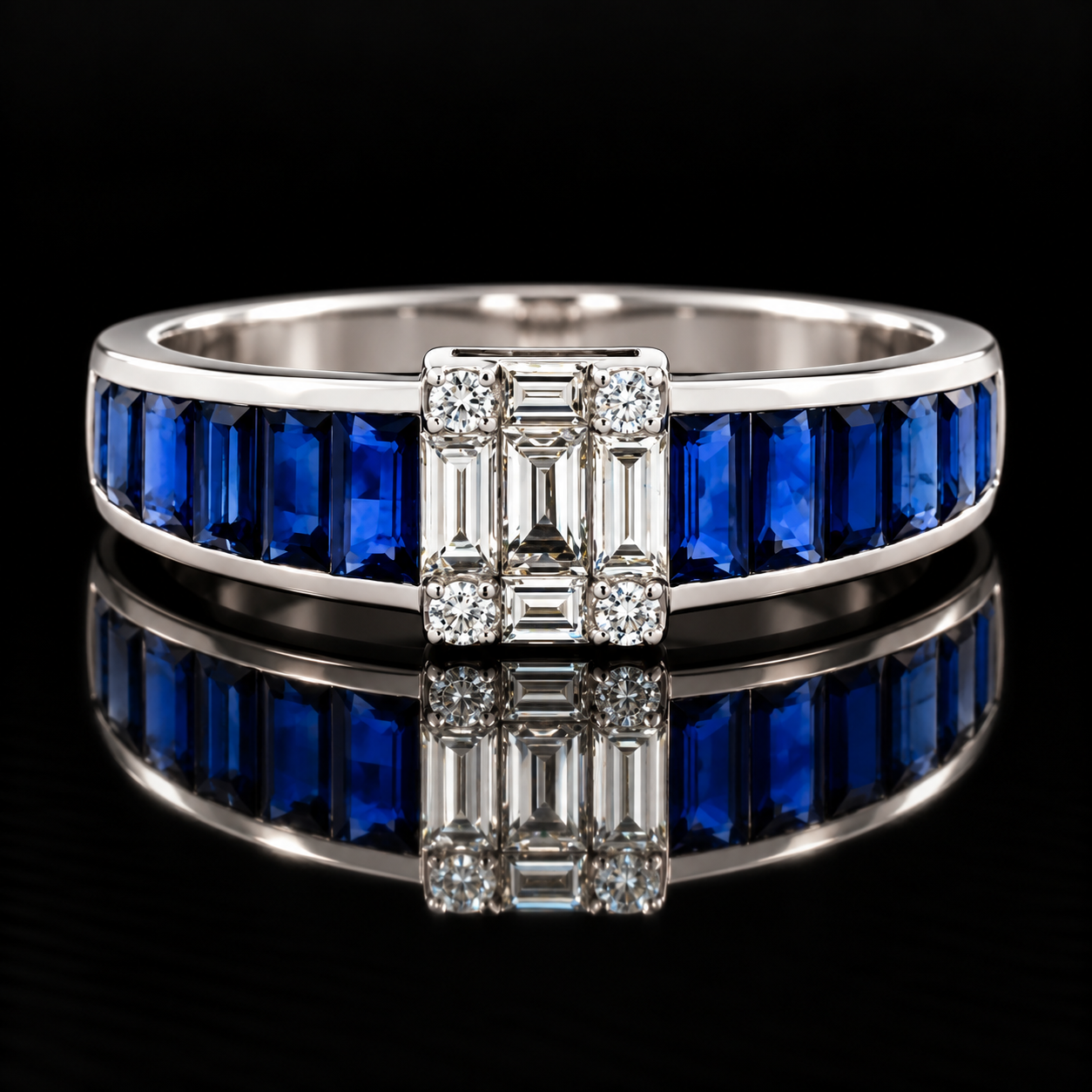 Estate Ring, Round/Baguette Cut Diamond 0.26 cttw  G-H VS1-SI1, Sapphire French Cut 1.55 cttw  18K White Gold 2.90g. All Weights Estimated.