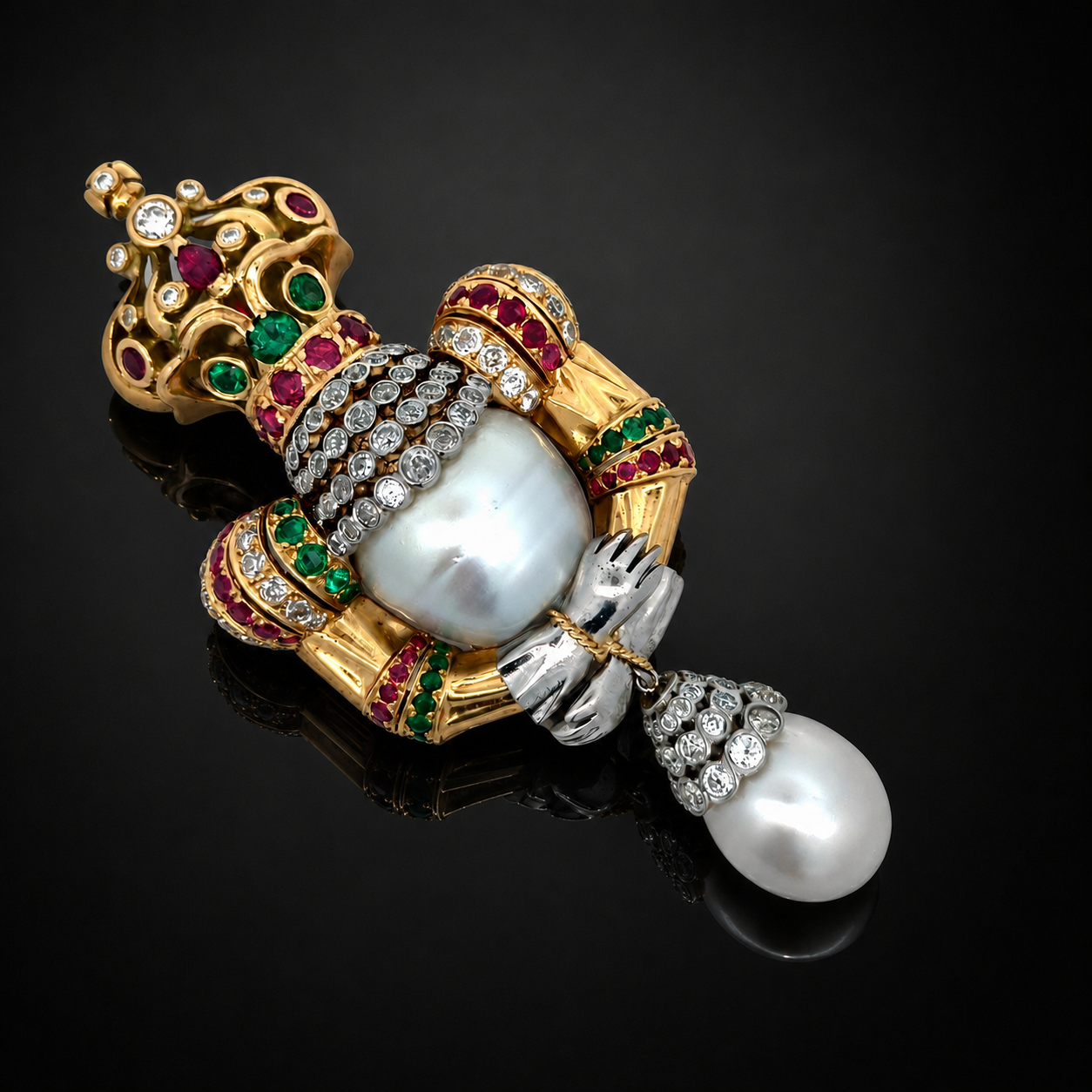  Brooch/Pendant, Old European Cut Diamond 5.50 cttw , Emerald Round 2.00 cttw , Burma Ruby Round, Marquise Cut 3.00 cttw, 2 South Sea Pearl White 18K White/Yellow Gold 57.60g. All Weights Estimated.