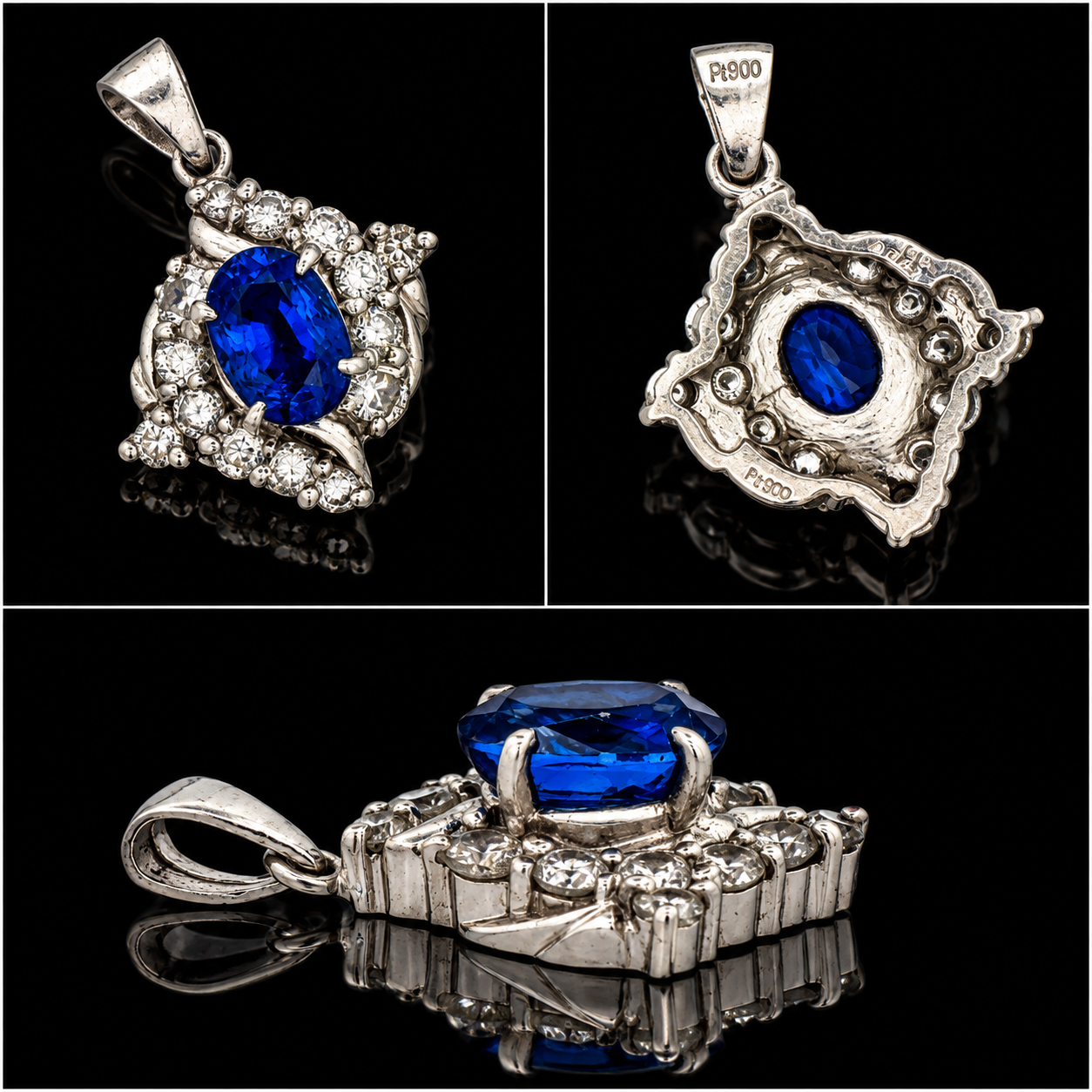 Estate Pendant, Round Brilliant Cut Diamond 0.61 cttw  G-H VS2-SI1,1 Sapphire Oval 1.46 ct  Platinum 3.23g. All Weights Estimated.