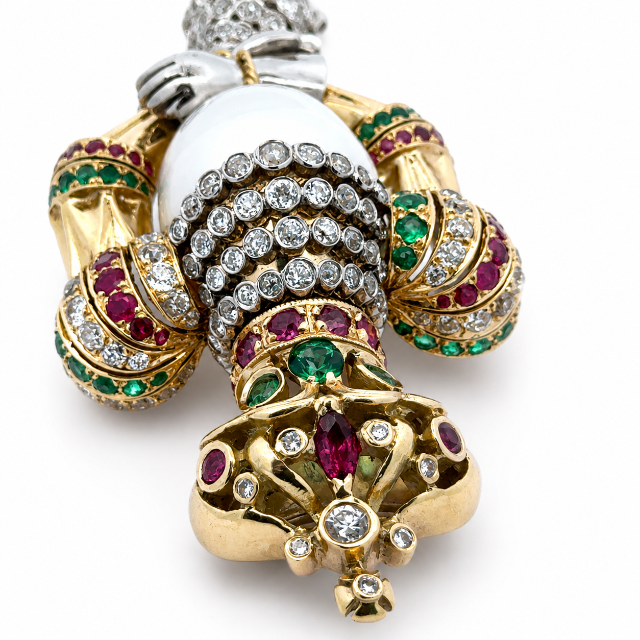  Brooch/Pendant, Old European Cut Diamond 5.50 cttw , Emerald Round 2.00 cttw , Burma Ruby Round, Marquise Cut 3.00 cttw, 2 South Sea Pearl White 18K White/Yellow Gold 57.60g. All Weights Estimated.