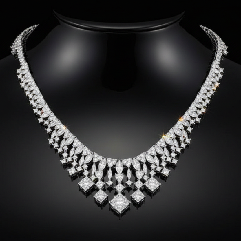 AKMS Necklace, RBC/Princess Cut Diamonds 11.70cttw G-I VS1-SI2, 18K White Gold 51.00g. All Weights Estimated.