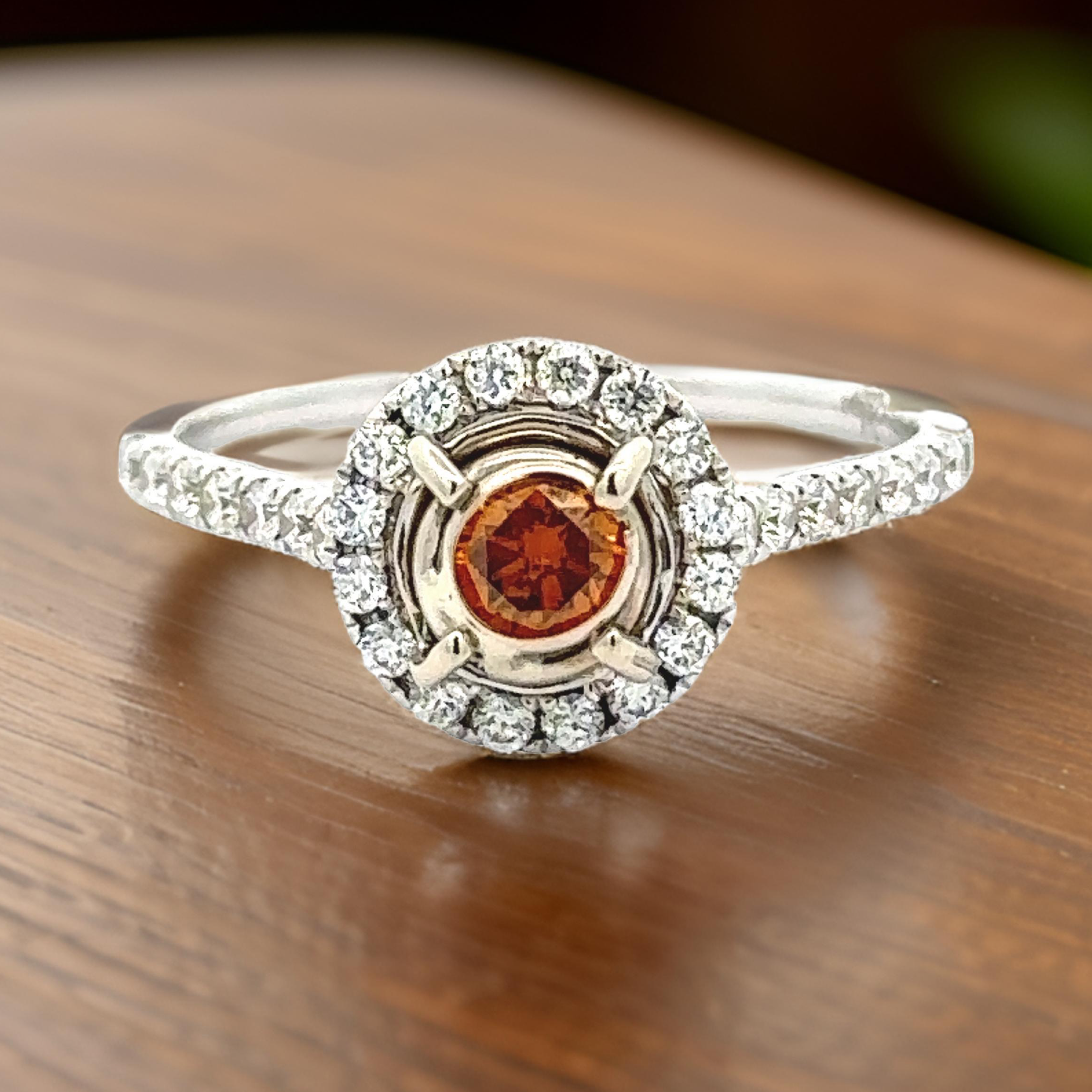 Maya Lianna Ring, 1 Round Fancy Natural Orange Diamond 0.27 ct VS2-SI1, Round Diamond 0.34 cttw  G-H SI1-SI2, 14K White Gold 1.89g
