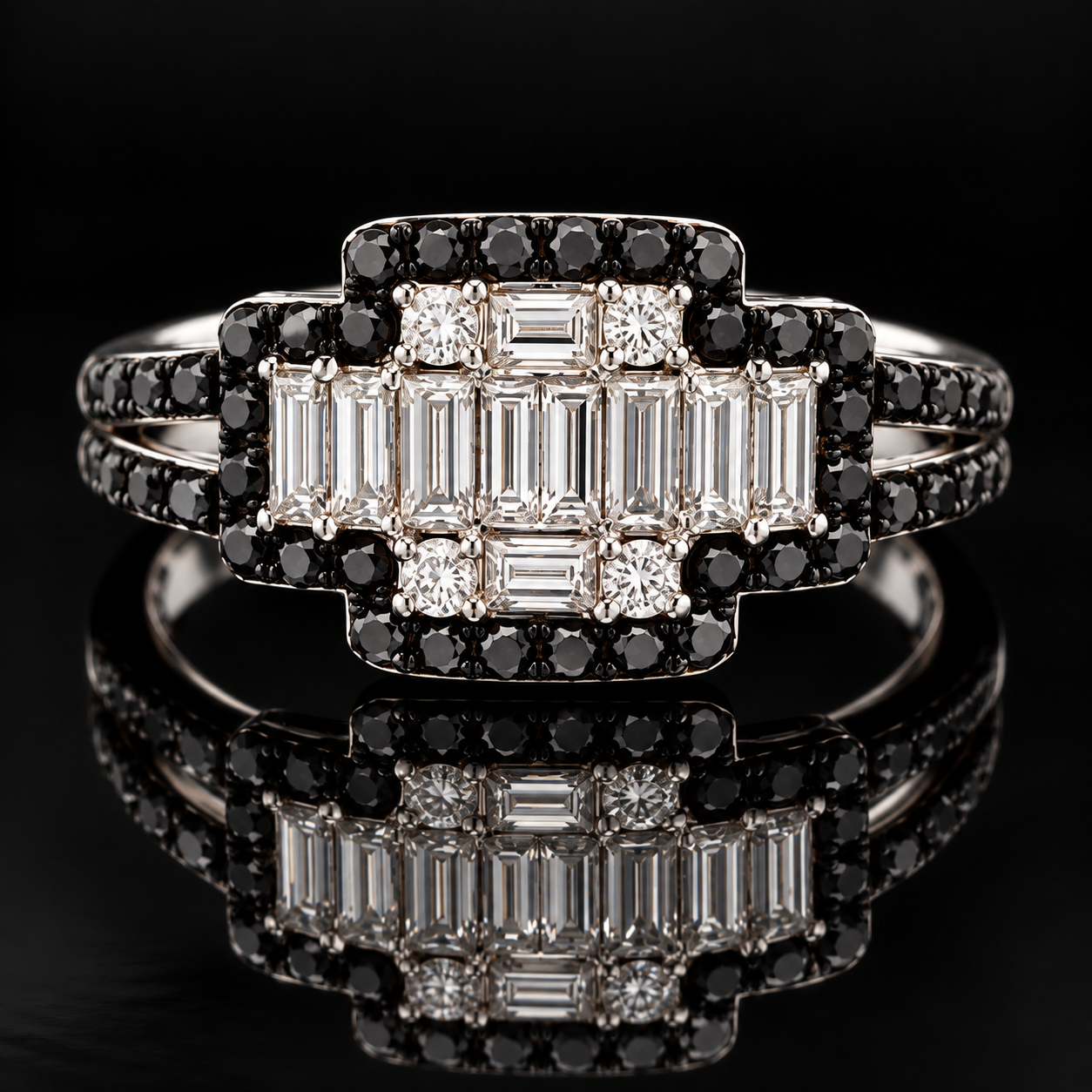 Estate Ring, Mixed Cut Diamond 0.71 cttw  G-H VS1-SI1, Round Fancy Color Diamond 0.74 cttw  BLK 18K White Gold 4.47g. All Weights Estimated.